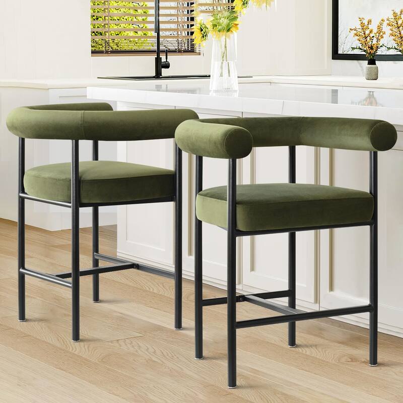 Modern 24" Upholstered Velvet Solid Back Counter Stool with Arms - Green-2-piece - Set of 2