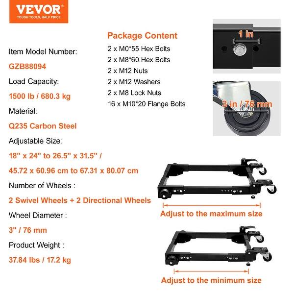 Heavy Duty Mobile Base - 1500 Lb Capacity, Adjustable 18"x24" To 26.5"x31.5", With Swivel & Locking Wheels