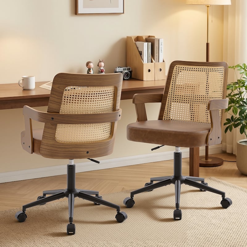 Swivel Home Office Chair Adjustable Height Desk Chair with Wheels and Armrests - 32.7"-36.6"H x 19.9"W x 22.8"D - Brown-Set of 2