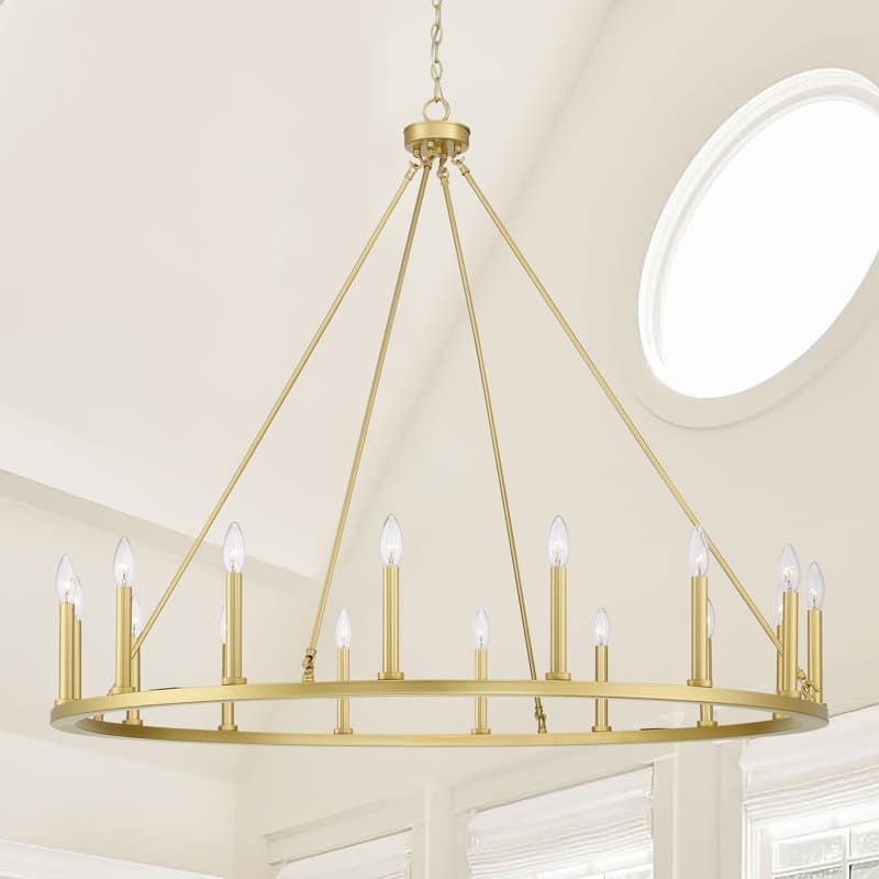 47In Farmhouse 16-light Large Round Wagon Wheel Candle Chandelier - 47'' D X 140'' H - Satin Brass