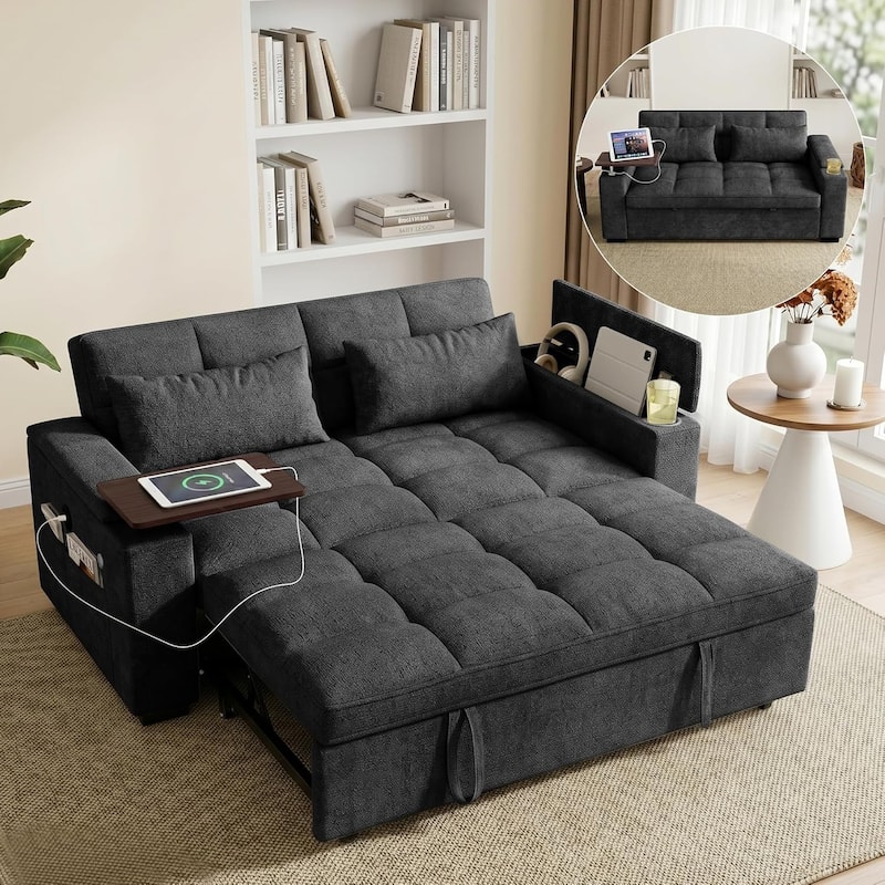 68" Chenille Fabric Sleeper Sofa Bed,Pull Out Couch with 360 Degree Swivel Side Table,USB Port,Cup Holder,Armrest Storage - Black