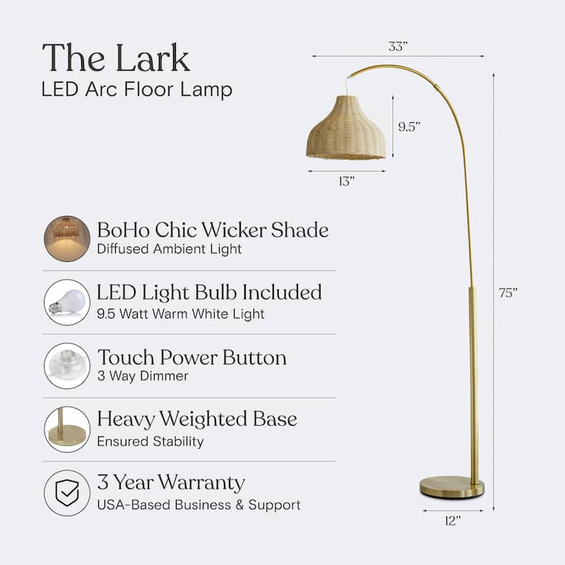 Brightech Lark 75 in. Antique Brass Mid-Century Modern LED Super Bright Floor Lamp with Beige Bamboo Empire Shade