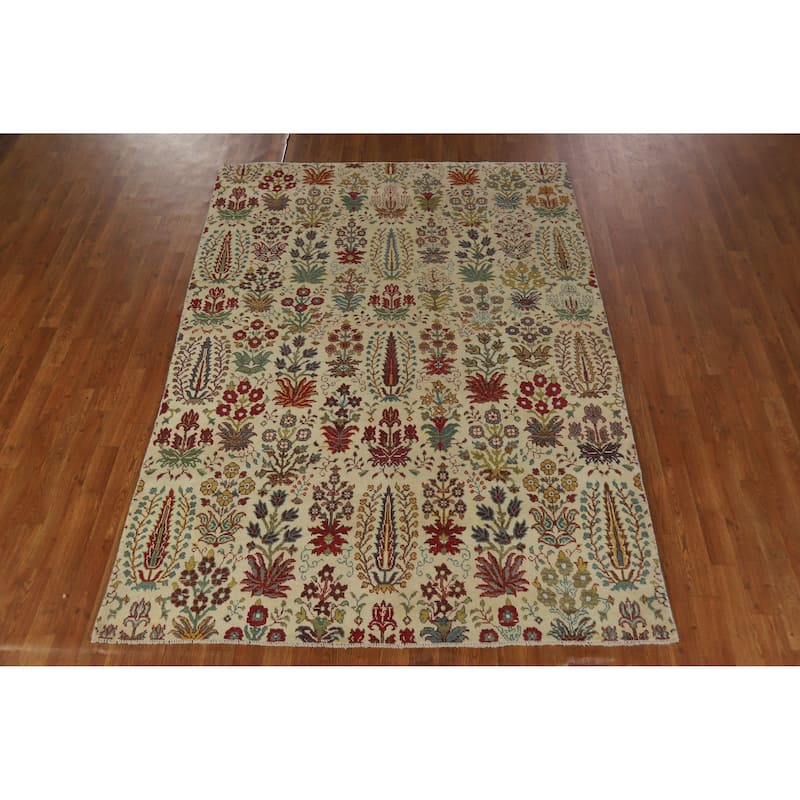 Hand Knotted Oriental 100% Wool Carpet Traditional All-Over Beige & Ivories Ziegler Area Rug - 7' 7'' X 5' 7''