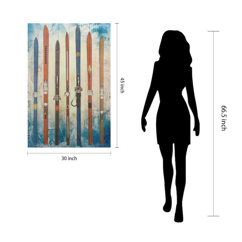 Colorful Retro Skis Wall Art Printed on Solid Fir Wood Planks