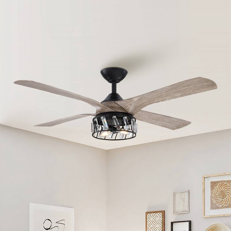 52-in Matte Black Modern Crystal LED Chandelier Ceiling Fan with Downrod and Remote
