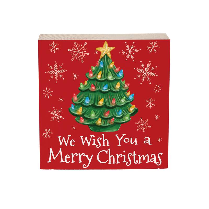 Nostalgia Christmas Tree Sign Wood Block - "We Wish You A Merry Christmas" - 6" x 6" - Multicolor