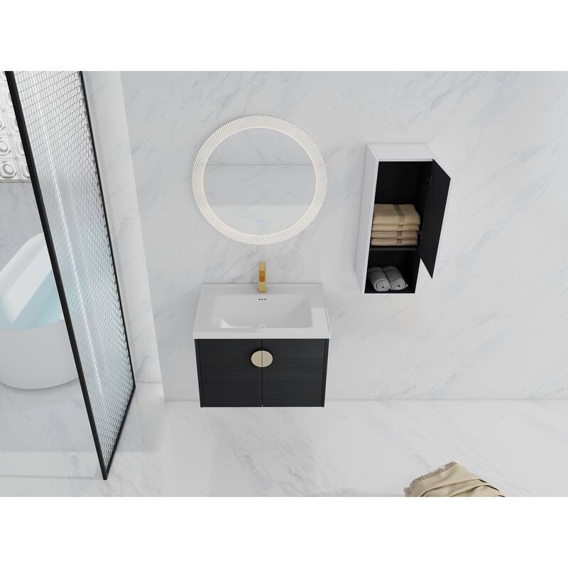 28" Floating Bathroom Vanity with Ceramic Sink, Soft-Close Doors, Wall-Mounted Side Cabinet, Black Chestnut