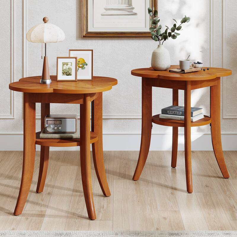 Solid Wood End Table for Living Room, 2 Tier Couch Side Table with Storage Shelf, Nightstand for Living Room / Bedroom - 2-PCS