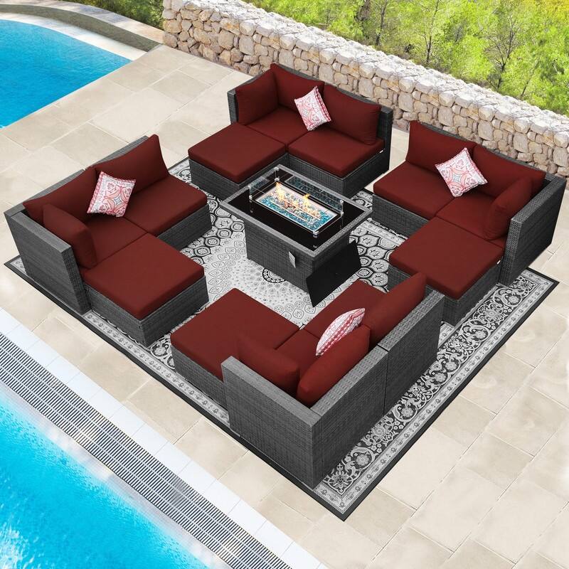 FINCATI Outdoor Grey Wicker Sectional Furniture Patio Sofa Set with Firepit Table - 13 Pcs - Red
