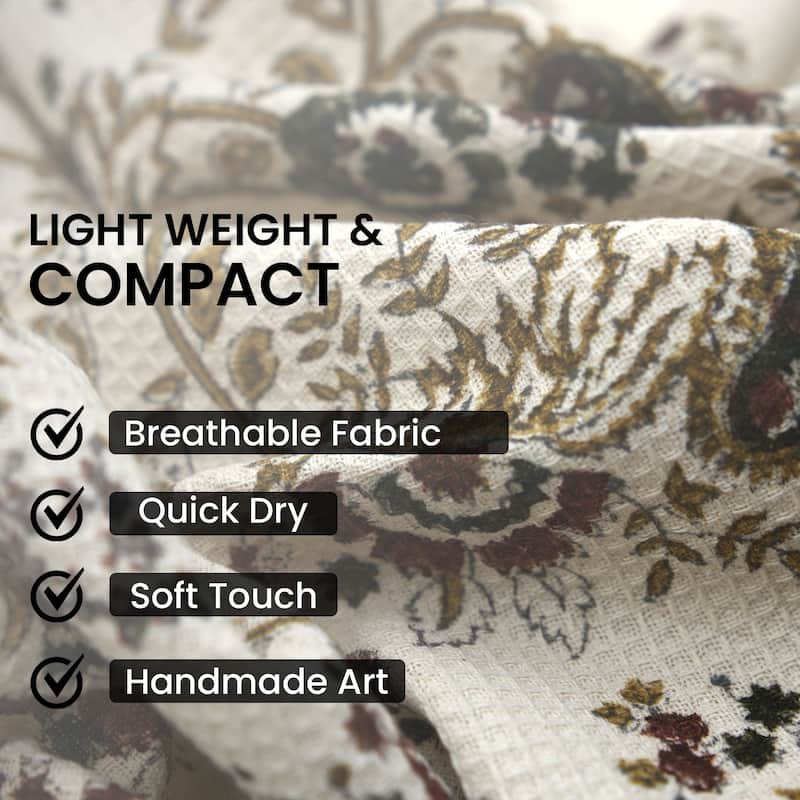 Fabdivine Honeycomb or Waffle Weave Hand Block Floral Print Hand Towel, Kitchen Gift Use