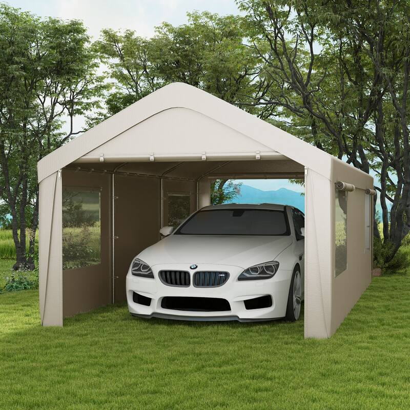 Outsunny Carport 10' x 19.5' Portable Garage, Heavy Duty Car Port Canopy with 2 Roll-up Doors & 4 Ventilated Windows - Tan
