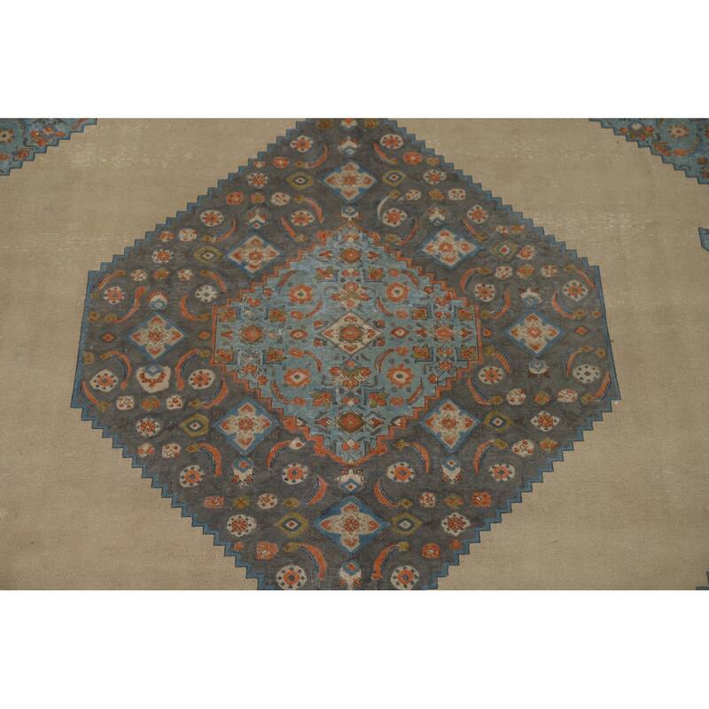 Beige Distressed Tabriz Vintage Persian Rug Handmade Wool Carpet - 9'7" x 12'11"