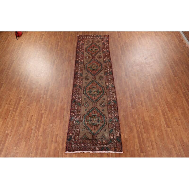 Brown Ardebil Persian Vintage Runner Rug Handmade Wool Carpet - 3'10" x 13'10"