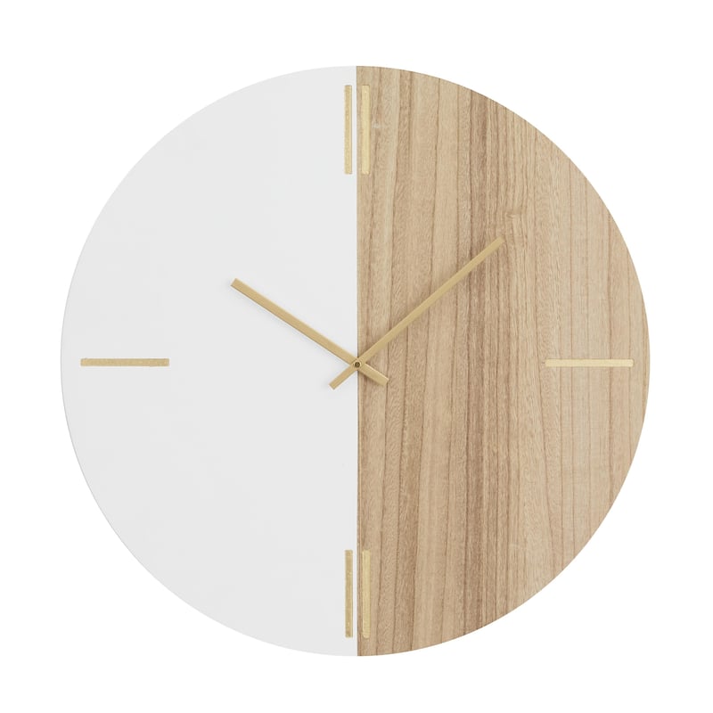 Wooden Round Decorative Wall Clock with Marble Side - Black or Brown - CosmoLiving by Cosmopolitan - Brown