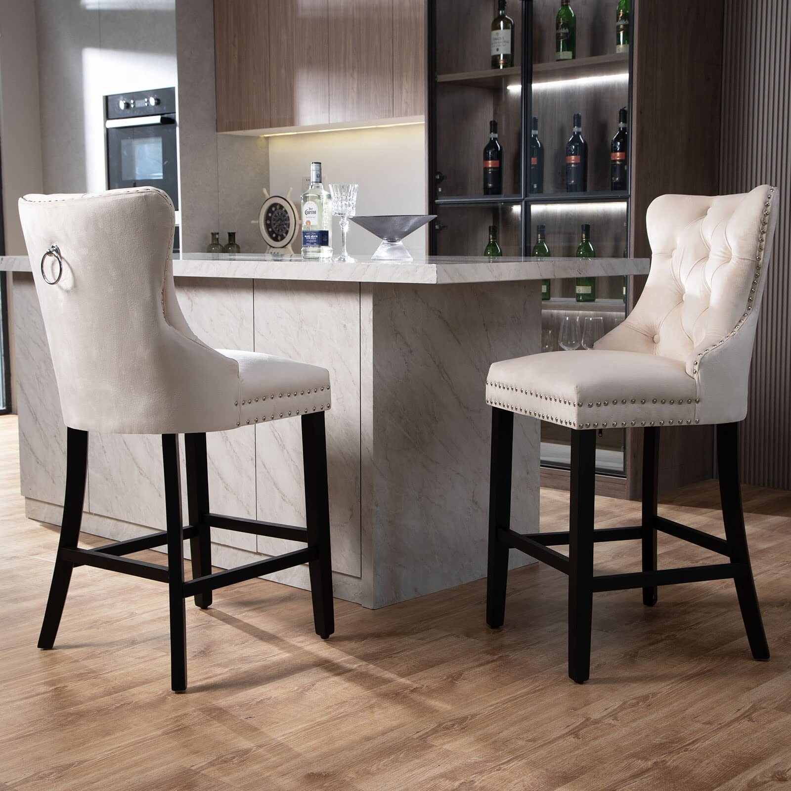 Counter Height Bar Stools Set of 2 Tufted Back Bar High Chairs Modern BarStools Modern Kitchen Island Velvet Bar Stool