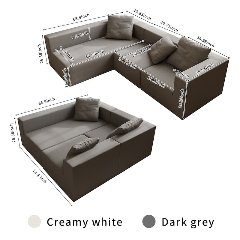 Corduroy Chaise Sectional Couch Convertible into Sleeper Sofa Bed, Deep Seating Modular Compression Sofa for Living Room