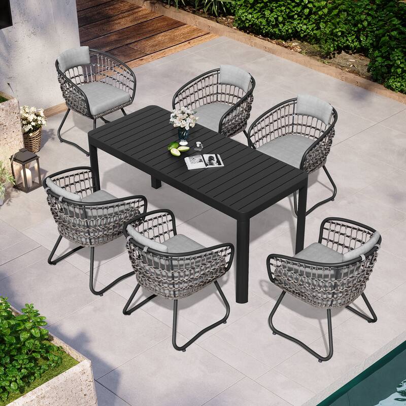 7/9PC Outdoor Aluminum Expandable Patio Dining Sets Extension Table with Rattan Chair - Table-Grey&Chair-Grey-7PC