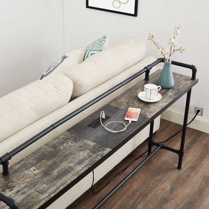 Mid Century Console Table with Power Outlet, Narrow Sofa Table, Sofa Couch Table with Charging Station USB Port