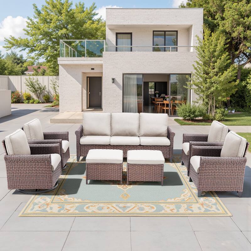 Pocassy Outdoor Sofa with Swivel Chairs Funiture Set - 7PCS Sofa Chair w/ Ottoman - Brown Wicker Blue Cushion