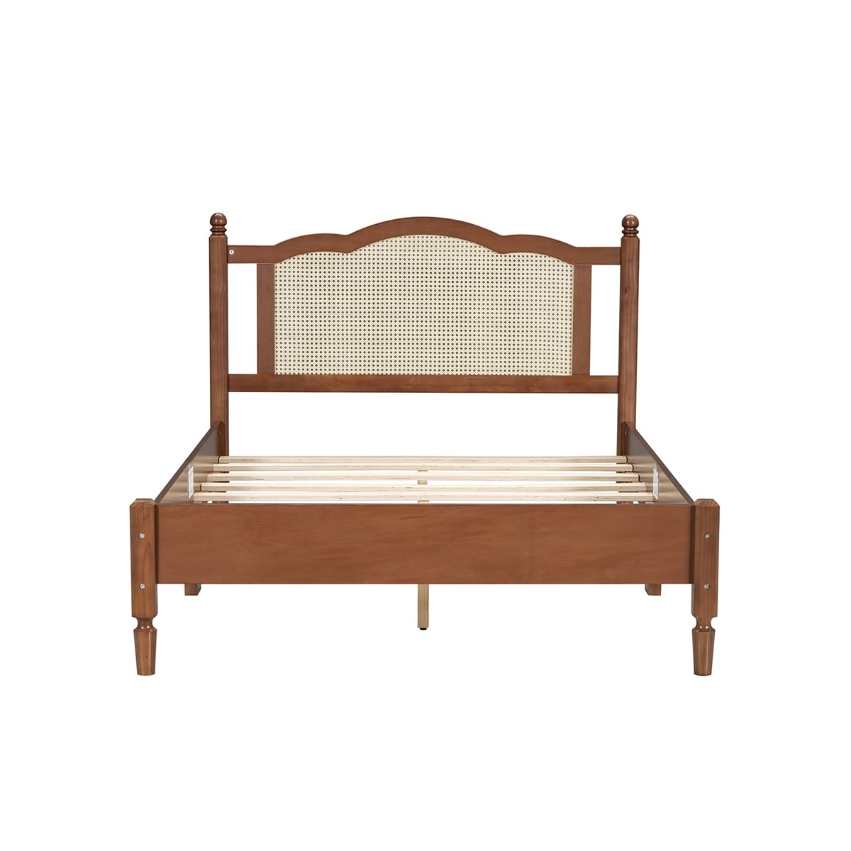 Full Size Wooden Platform Bed with Natural Rattan Headboard