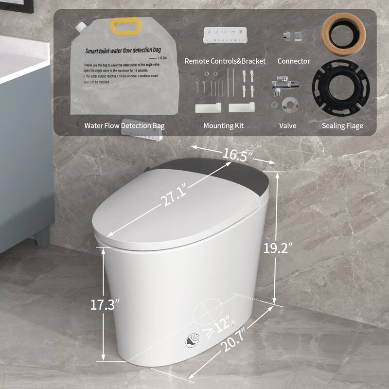 Elongated Smart Toilet with Bidet. ADA Comfort Height Heated Seat. MAP 1000g Flush. Warm Water. Dryer. Night Light