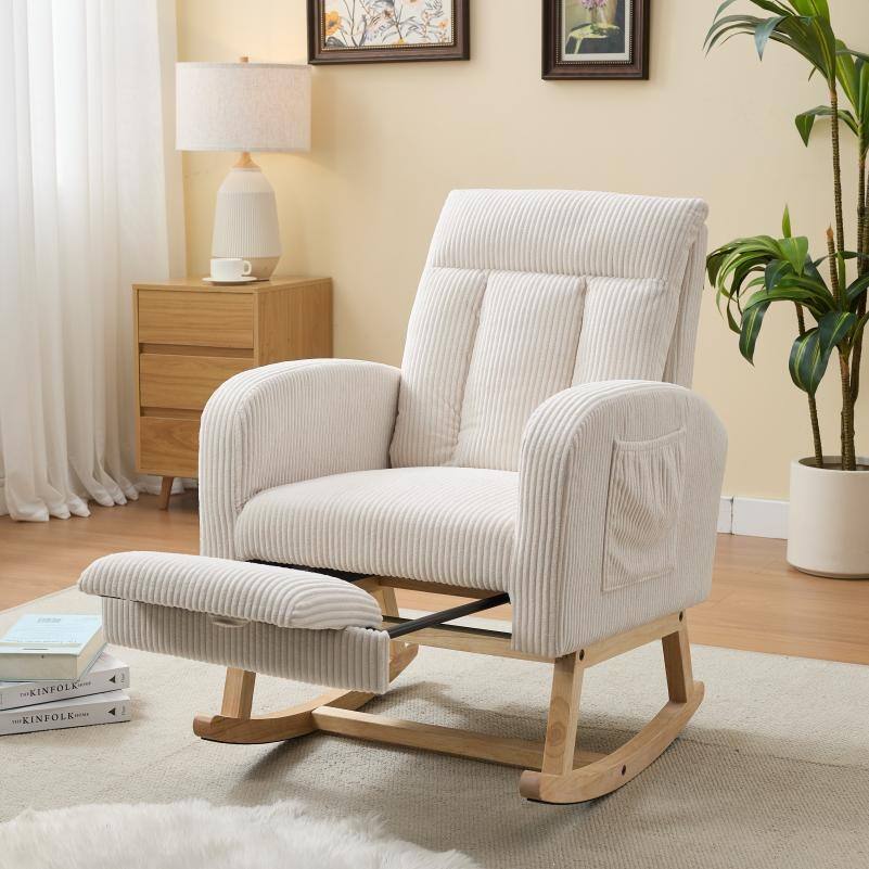 Accent Rocking Chair with Solid Wood Legs, Upholstered Nursery Glider Rocker, Comfy Armchair with Side Pocket