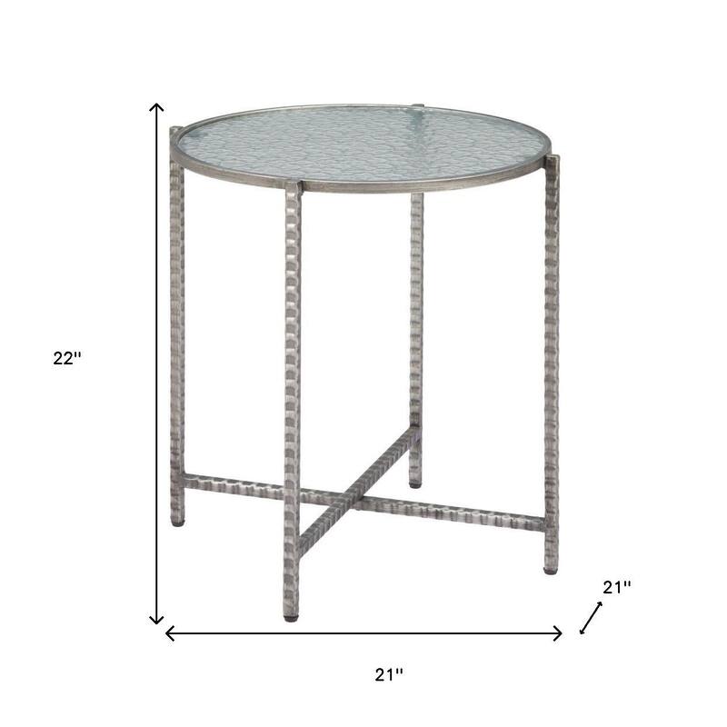 HomeRoots 22" Clear and Silver Glass and Distressed Steel Round End Table - 21.00 in. x 22.00 in. x 21.00 in.