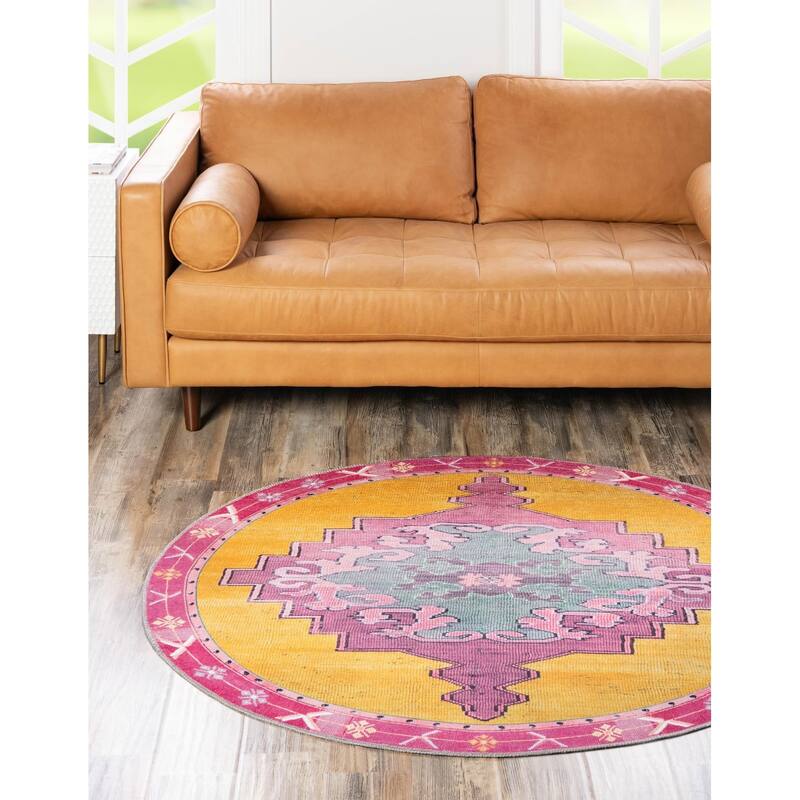 Traditional Rine Collection Area Rug - 5' Round - Yellow