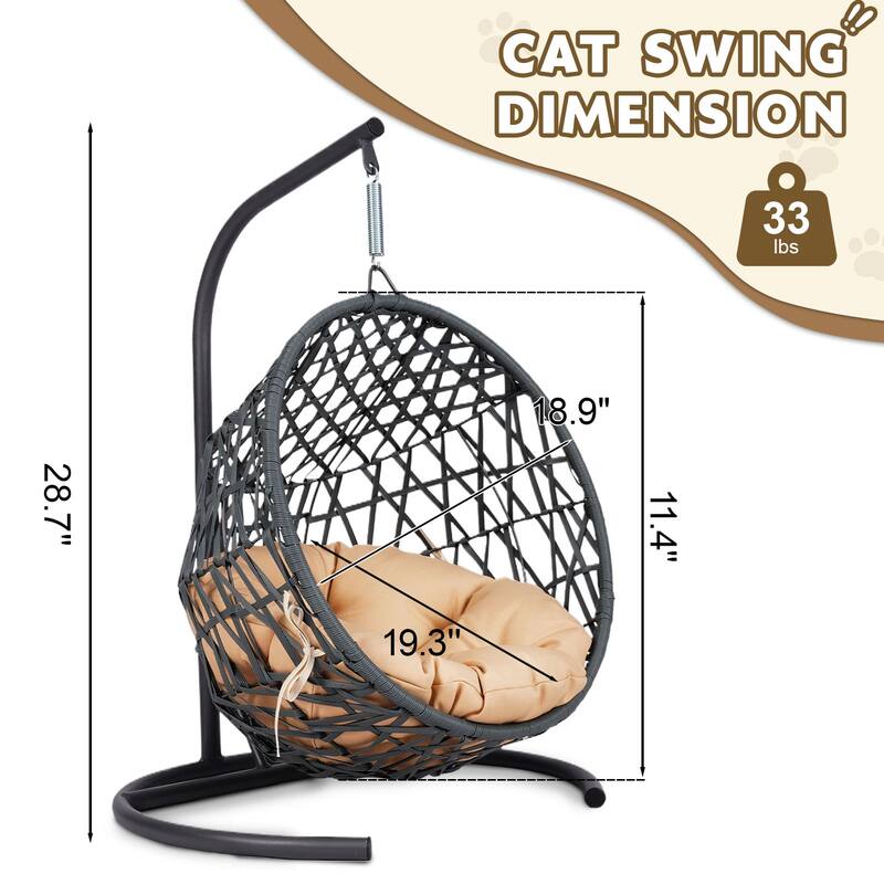 Pet Hanging Swing Bed, Rattan Hammock with Removable Soft Cushion, Cat Swing Bed with Stand & Cushion, Small Animals