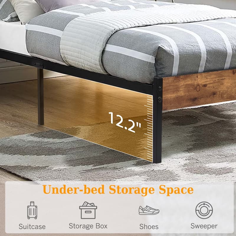 Javlergo Metal Platform Bed Frame with Wooden Headboard and Footboard Farmhouse Rustic Platform Bed Frame No Box Spring Needed