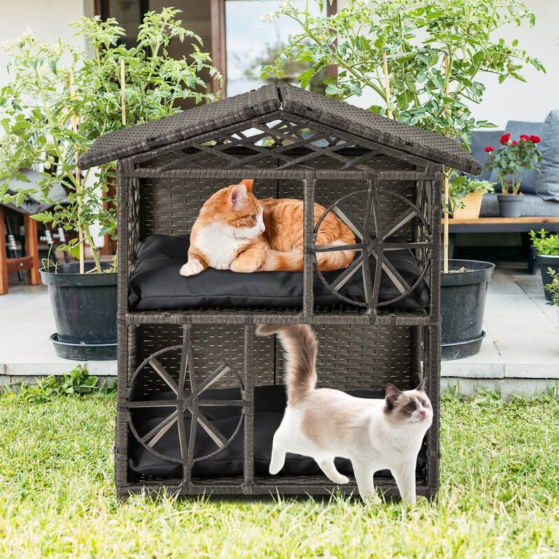 Grey 2-Tier Rattan Cat House with Cushions Outdoor Elevated Pet Shelter for Small to Large Cats - 27" x 16" x 27.5"