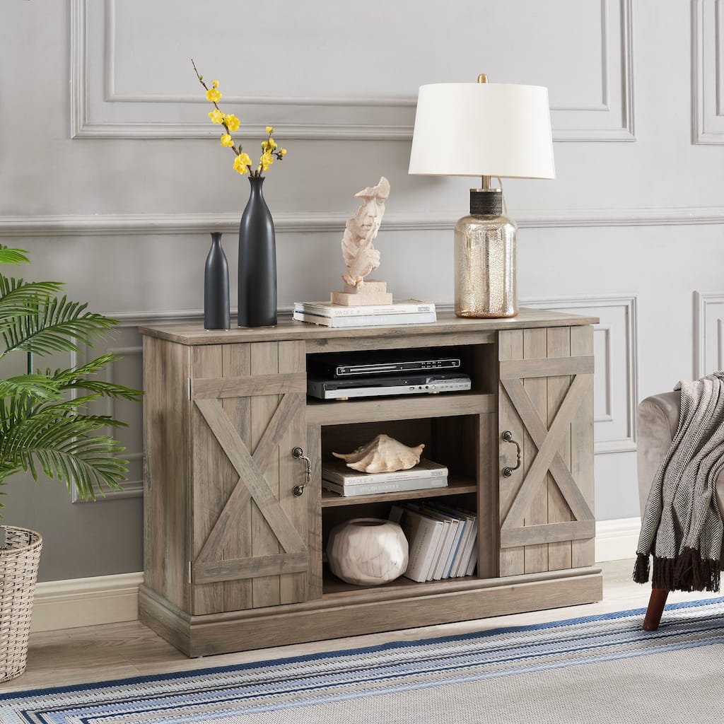 Wooden TV Stand with Barn Doors, Media Entertainment Center, Console Table with 2 Cable Management Holes & Adjustable Shelves