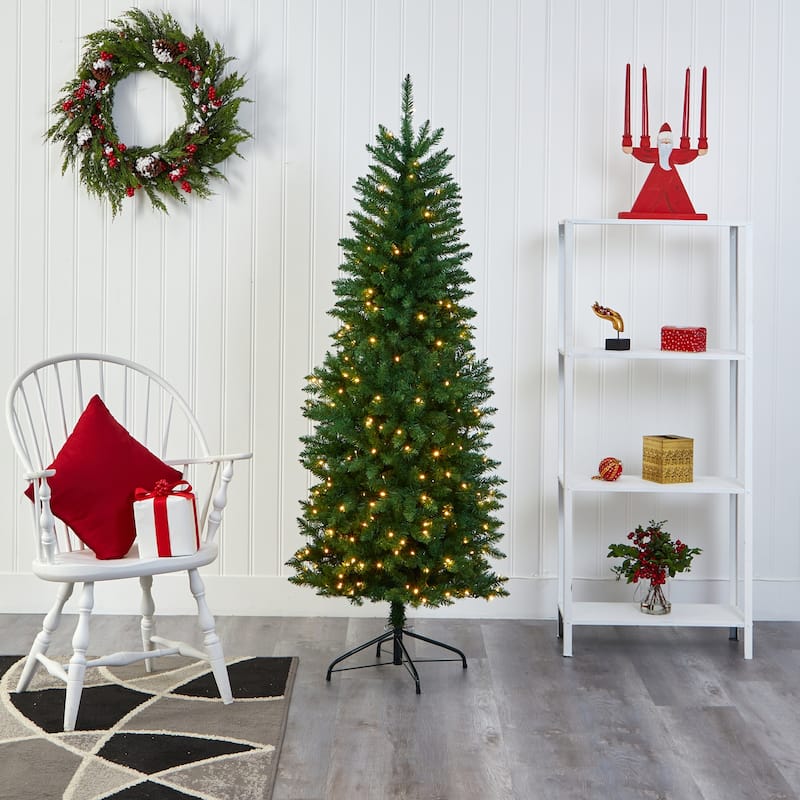 6ft. Slim Green Pine Artificial Christmas Tree with 250 Clear LED Lights - Sleek Holiday X-Mas Glow