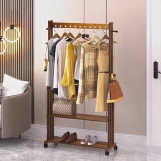 Bamboo Garment Rack Clothing Stand on Wheels with 2 Tier Storage