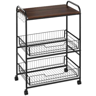 3 Tier Rolling Kitchen Cart with Storage, Kitchen Island Cart on Wheels with 2 Sliding Fruit Basket