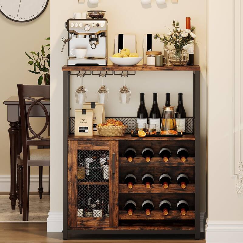 3-Tier Wine Bar Cabinet with LED Lights, Detachable Wine Rack and Storage Space, Small Liquor Bar Cabinet