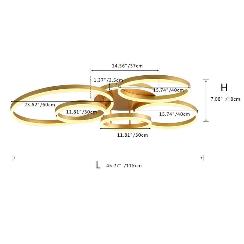 Modern Brushed Gold 5 Metal Rings LED Ceiling Light Fixture