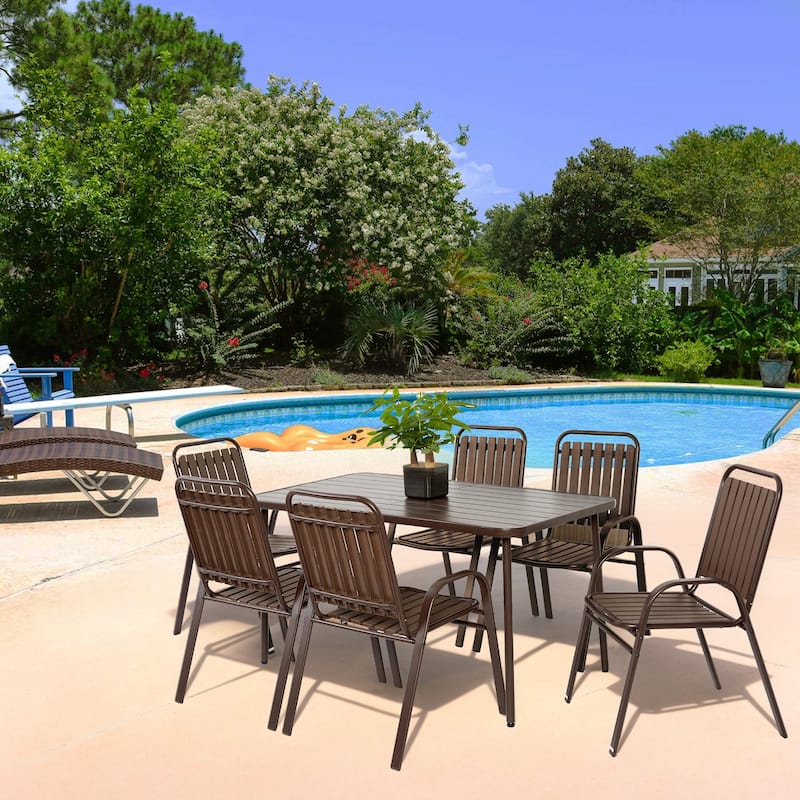 7 Pieces Patio Dining Set Outdoor Furniture Set, with 6 Plastic chair and Rectangular Steel Table for Patio and Backyard
