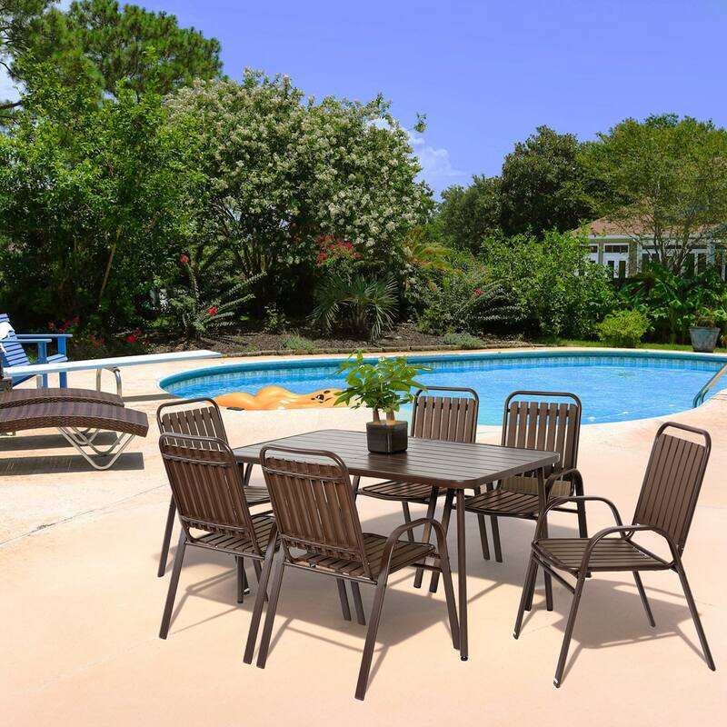 All Weather Outdoor Steel Dining Set, 7 Piece Patio Dining Table and Chair Set with Rectangular Table and 6 Armchairs
