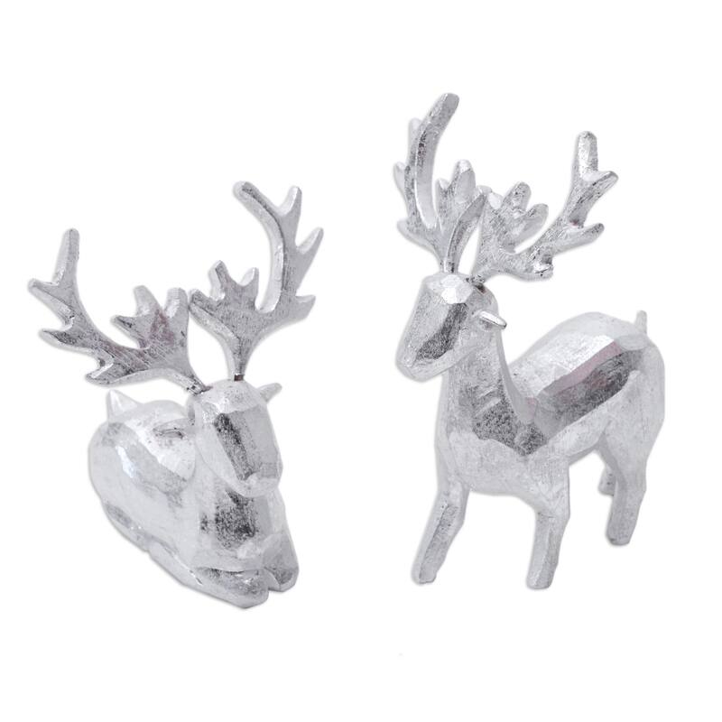 Novica Handmade Silver Reindeer Wood Figurines (Pair)