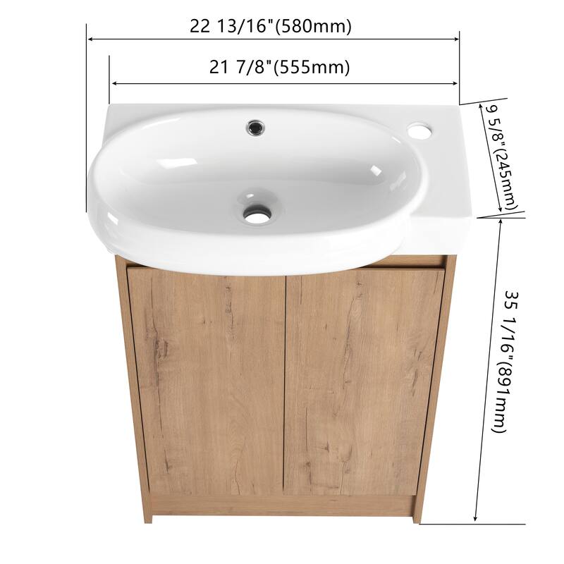 Compact Bathroom Vanity with Sink, Oval Single Ceramic Sink Bathroom Cabinet for Small Bathroom