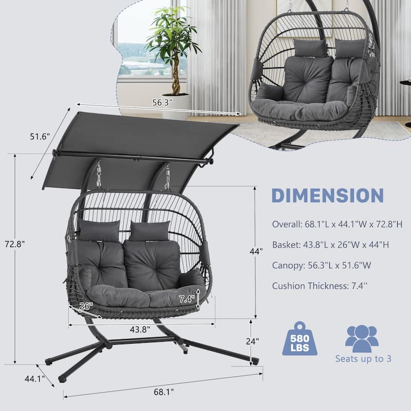 Double Egg Chair with Stand/Adjustable Canopy Patio Hammock Chair Hanging Swing Wicker Rattan Basket for Outdoor Balcony Garden