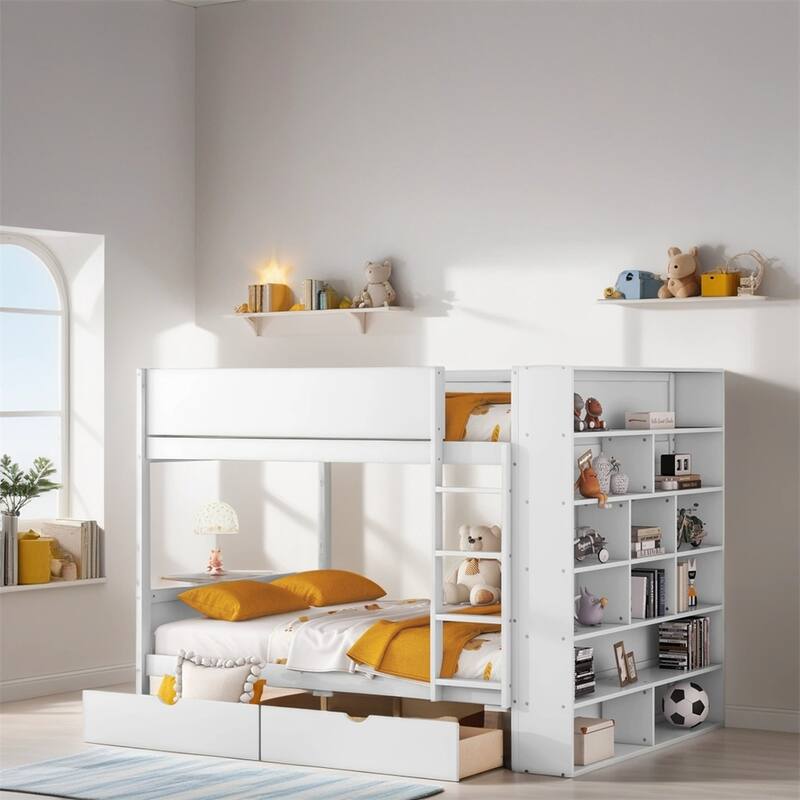 Full Over Full Wood Bunk Bed with 2 Drawers and Multi-layer Cabinet