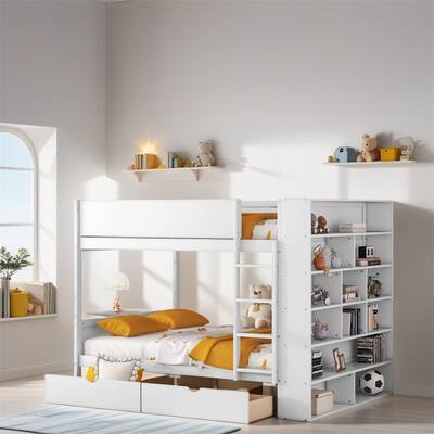 Full Over Full Wood Bunk Bed with 2 Drawers and Multi-layer Cabinet