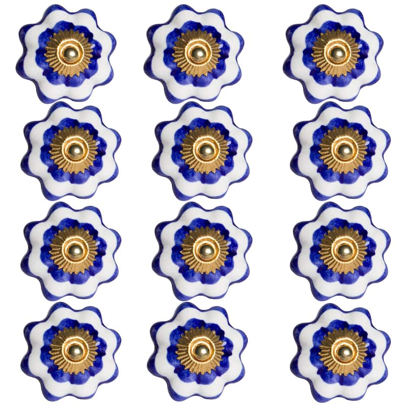 Set of 12 Blue White Gold Round Pulls Ceramic Flower Knobs for Cabinets Drawers or Wardrobes - Blue, White, Gold