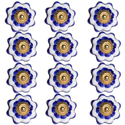Set of 12 Blue White Gold Round Pulls Ceramic Flower Knobs for Cabinets Drawers or Wardrobes - Blue, White, Gold
