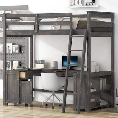 Antique Brown Twin Size Solid Wood Loft Bed with Desk, Blackboard, Storage Box, Shelf and 3 Drawers