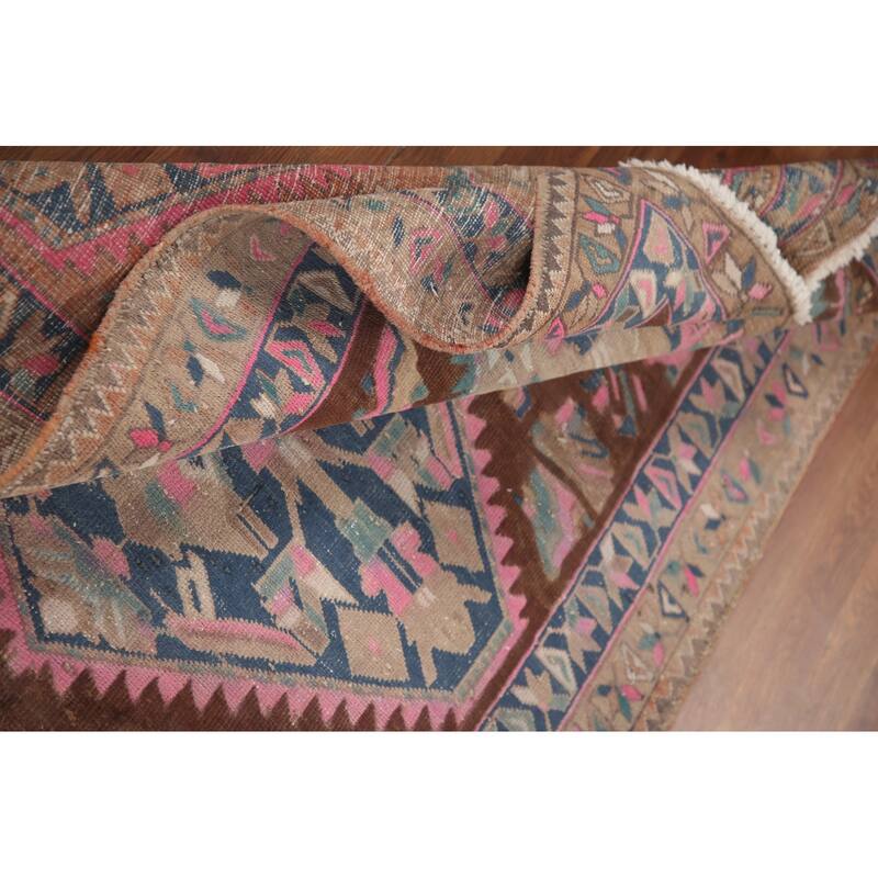 Hand Knotted Oriental 100% Wool Carpet Traditional Geometric Brown Heriz Runner Rug - 10' 11'' X 3' 9''