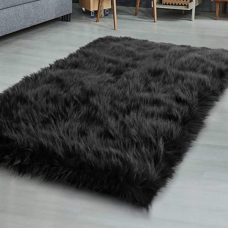 Black Faux Sheepskin Fluffy Thick Soft Plush Shag Area Rug - 5' x 8' Feet