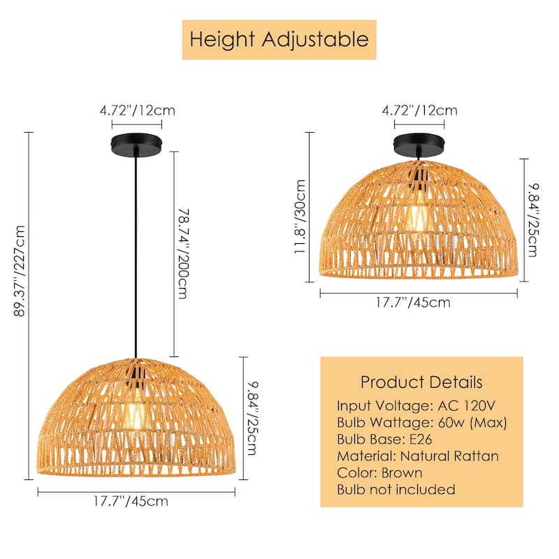 1-Light Modern Boho Single Bowl Hand Woven Rope Dome Pendant Kitchen Island Lighting